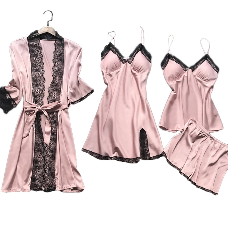 Silk 4-piece Nightwear Ladies Solid Color Strap Lace Pajamas with Chest Pads