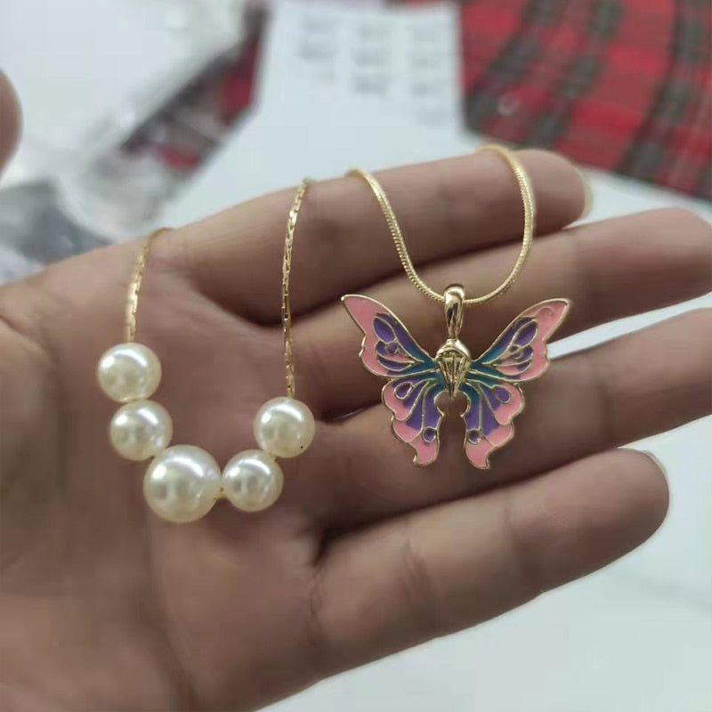 Thai Pop Butterfly Pearl Double Choker Chain Necklace