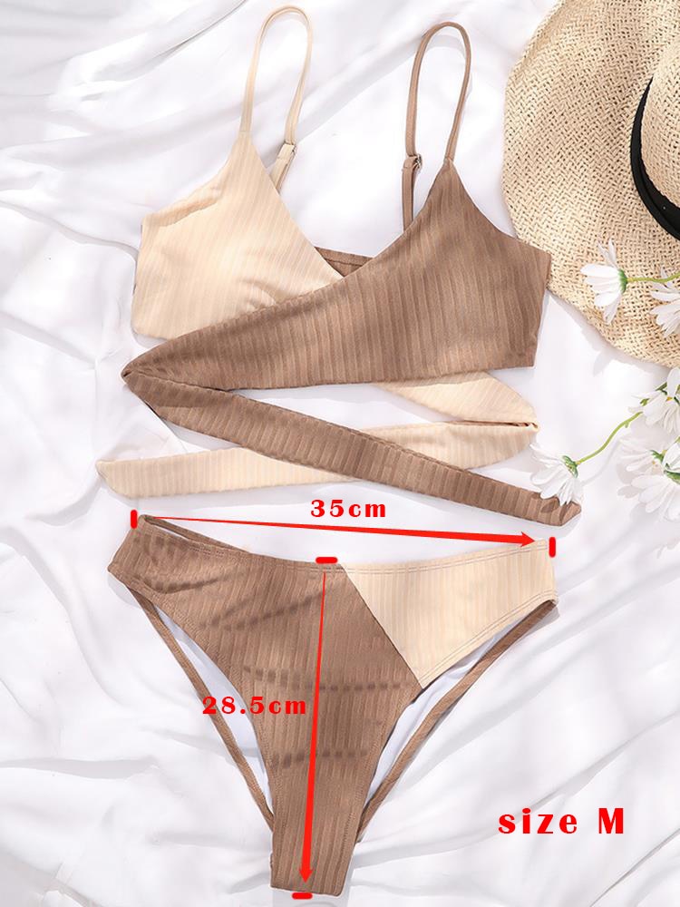 INGAGA Cross Wrap Ribbed Bikini Patchwork Swimwear