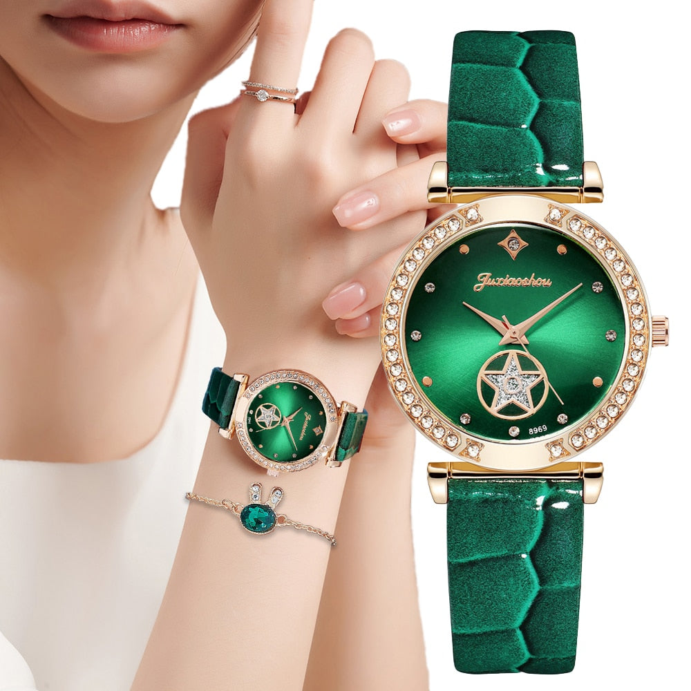 Luxury Diamond Studded Quartz Leather Watch