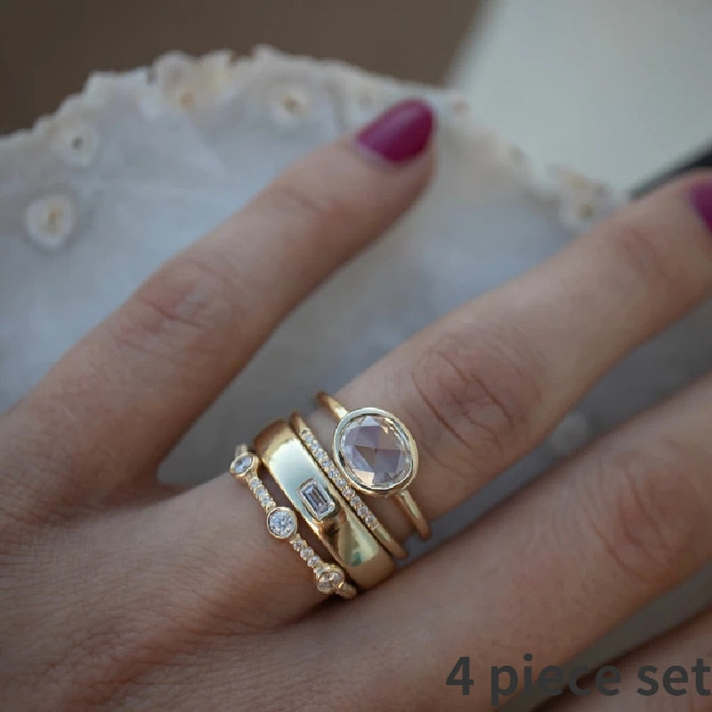 4 pcs/set Geometric Gold Color Combination Round Zircon Crystal Ring
