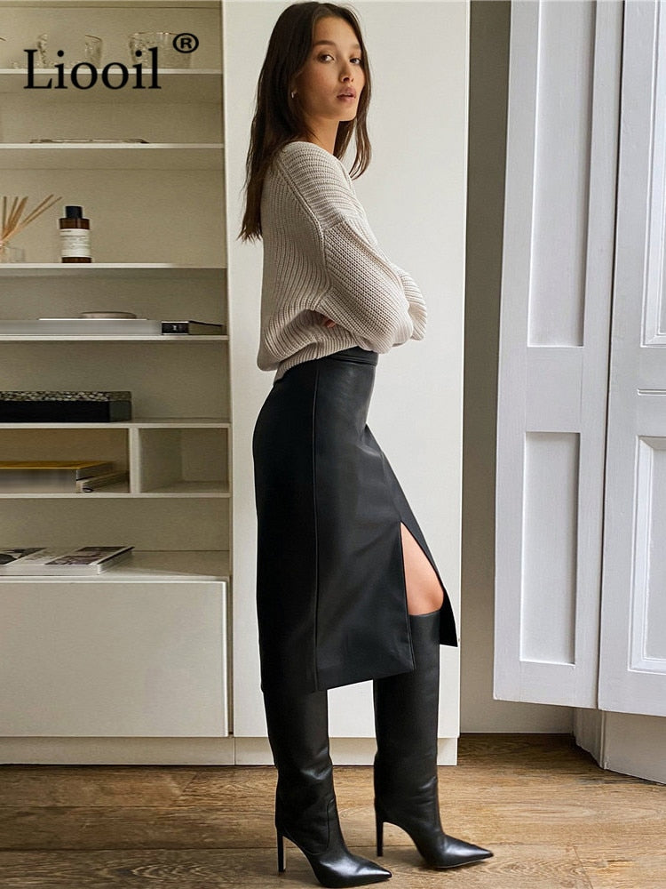 Liooil Women Faux Leather Slit Pencil Office Skirt - Jeglowstore