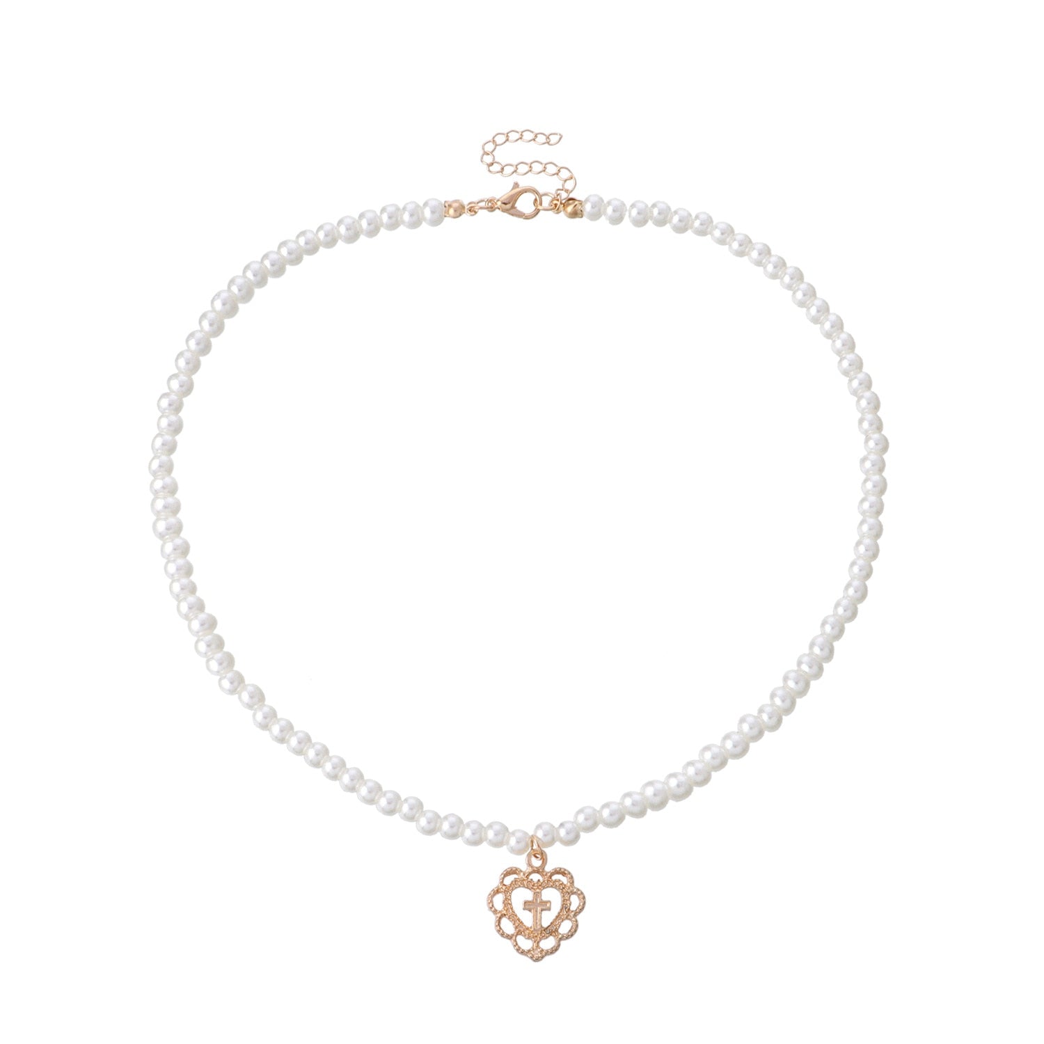Retro Girl  Hollow Love Cross Pendant Pearl Necklace