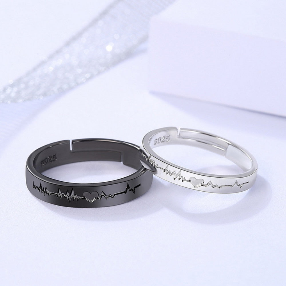 2Pcs/set Punk Heart ECG Black White Forever Love Promise Ring
