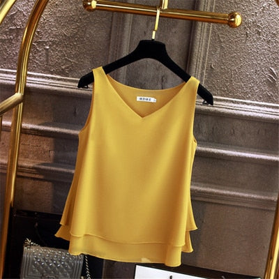 Summer Sleeveless Chiffon Shirt Solid V-neck Casual Blouse