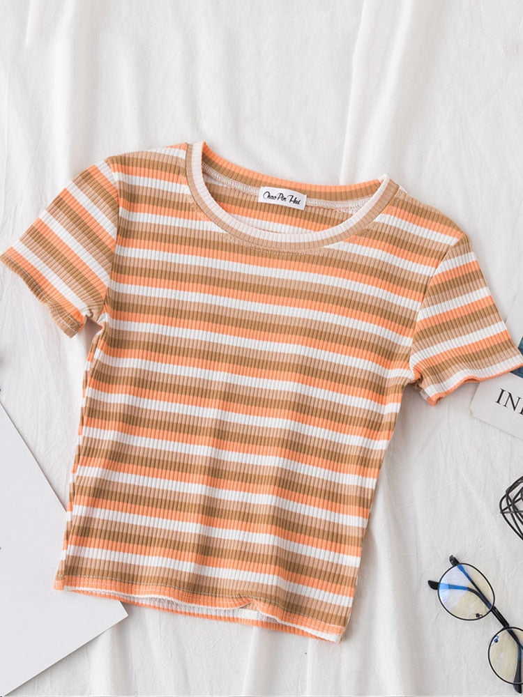 Nuwe T-hemp Vroue-reënbooggestreepte tops Slim Fit T-hemp