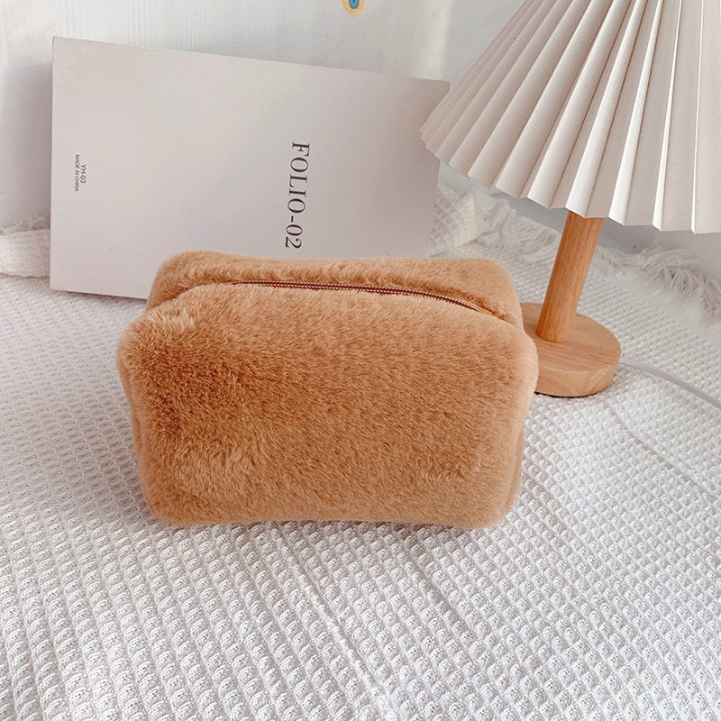 PURDORED 1 Pc Solid Color Fur Makeup Bag Organizer Case