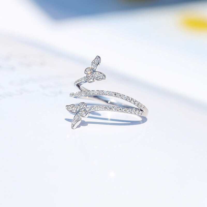 2022 NEW Fashion Double Butterfly Silver Clear Zircon Lab Diamond Ring