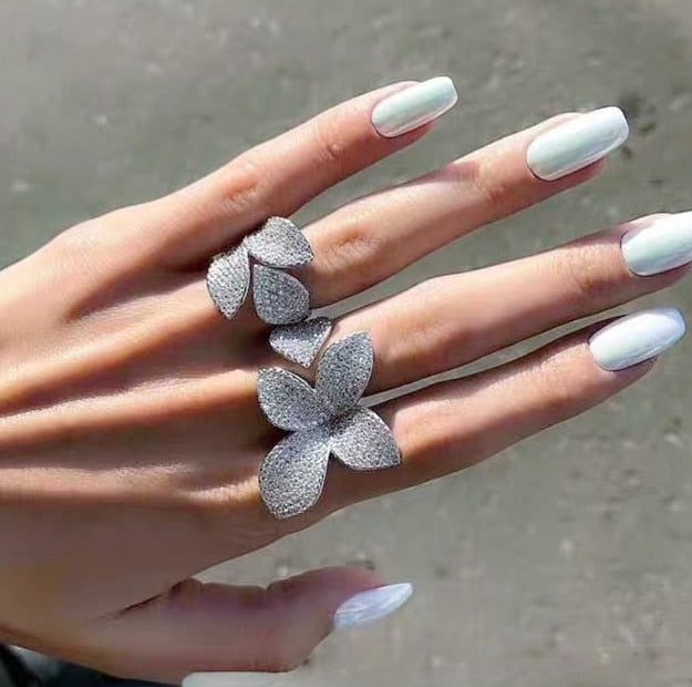 Big Silver Color Flower Leaf Adjustable Ring with Bling Zircon Stone