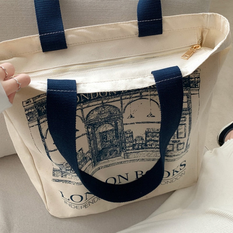 Women Canvas London Books Print Reusable Large Capacity Cotton Bag