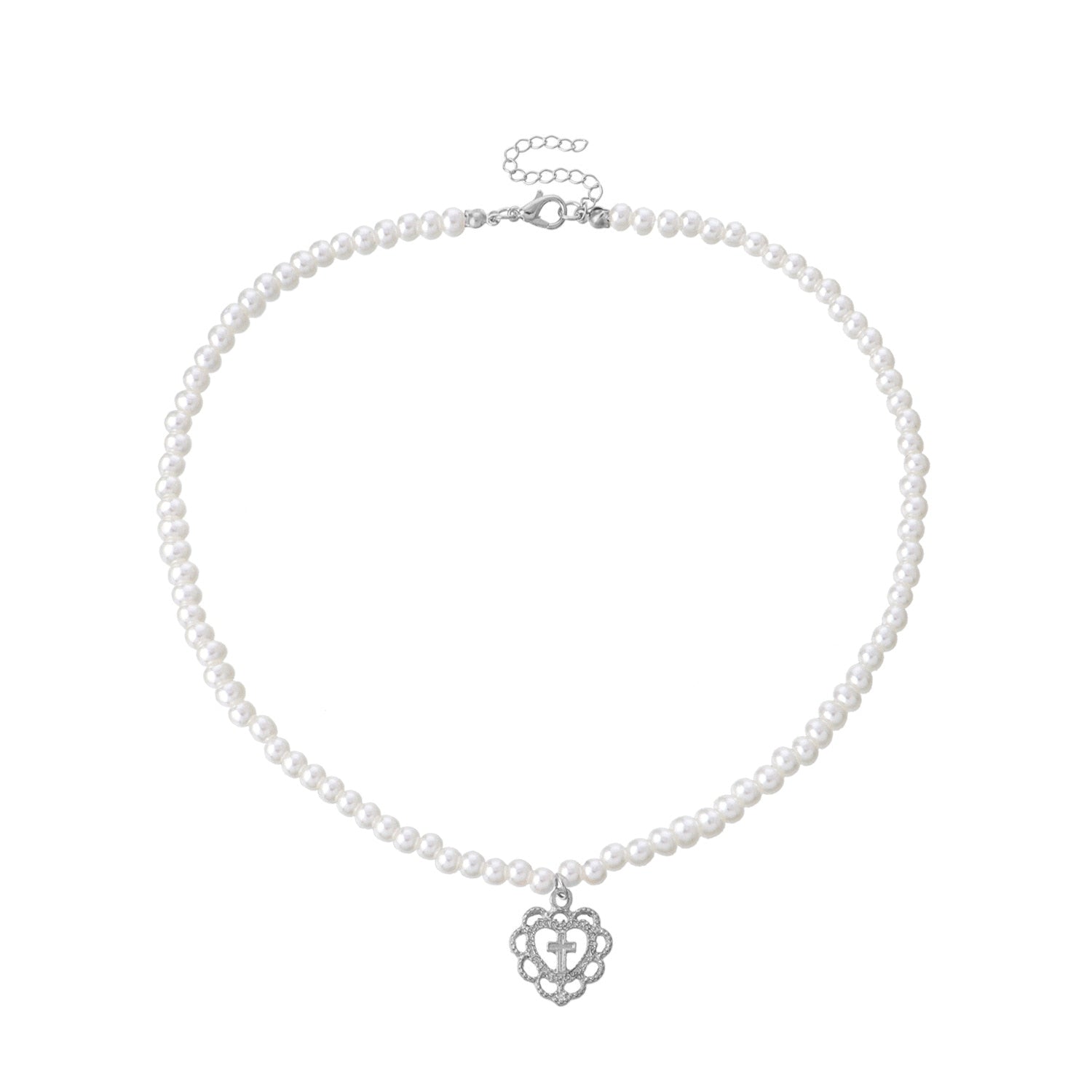 Retro Girl  Hollow Love Cross Pendant Pearl Necklace