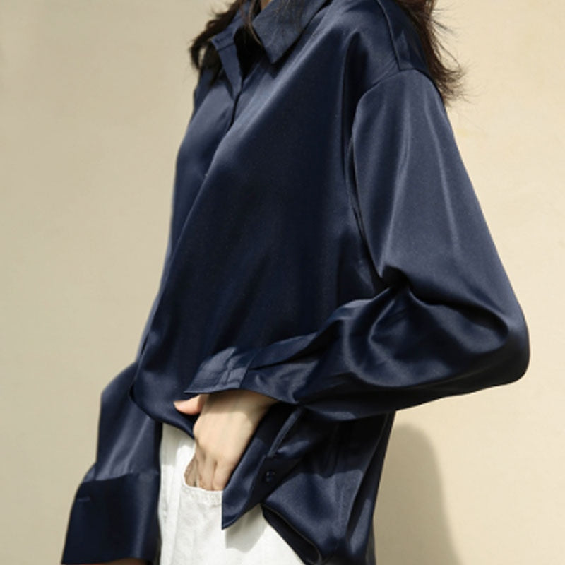 Autumn Fashion Button Up Satin Silk Shirt Vintage Blouse Women - Jeglowstore