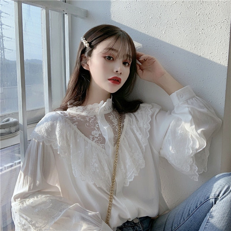 Lace Up Ruffled Women Blouse