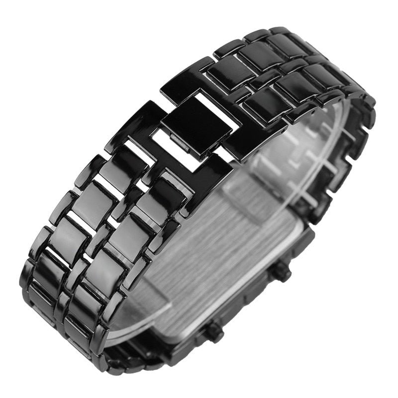 Black Full Metal Digital Lava Wrist Watch Men Red/Blue LED Display
