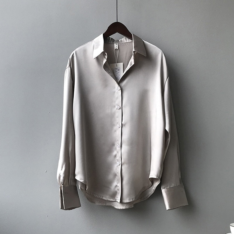 Autumn Fashion Button Up Satin Silk Shirt Vintage Blouse Women - Jeglowstore