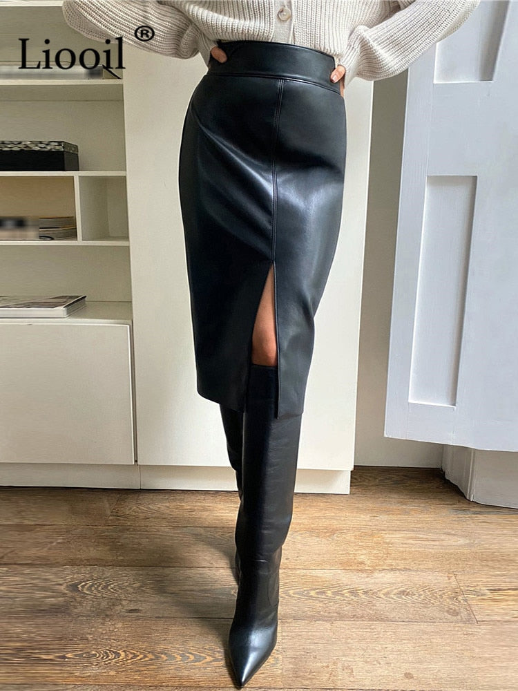 Liooil Women Faux Leather Slit Pencil Office Skirt - Jeglowstore