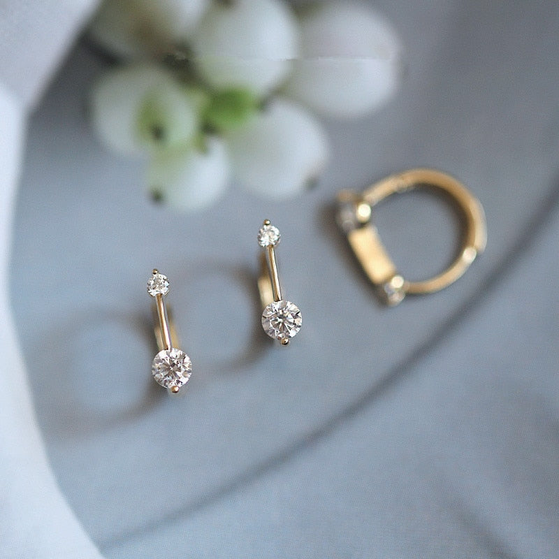 925 Silver Needle Simple Shiny Zircon  Gold Plating  Earrings