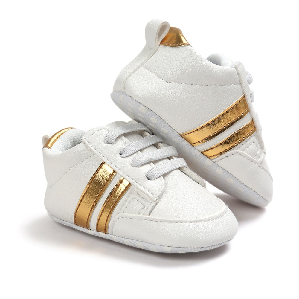 Baby Shoes Newborn Boys Sneaker Girls Two Striped First Walkers Kids Toddlers Lace Up PU Leather Soft Soles Sneakers 0-18 Months - Jeglowstore