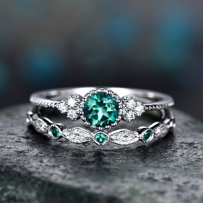 2Pcs/Set Classic Silver Plated Cut Created Birthstone Delicate Ring