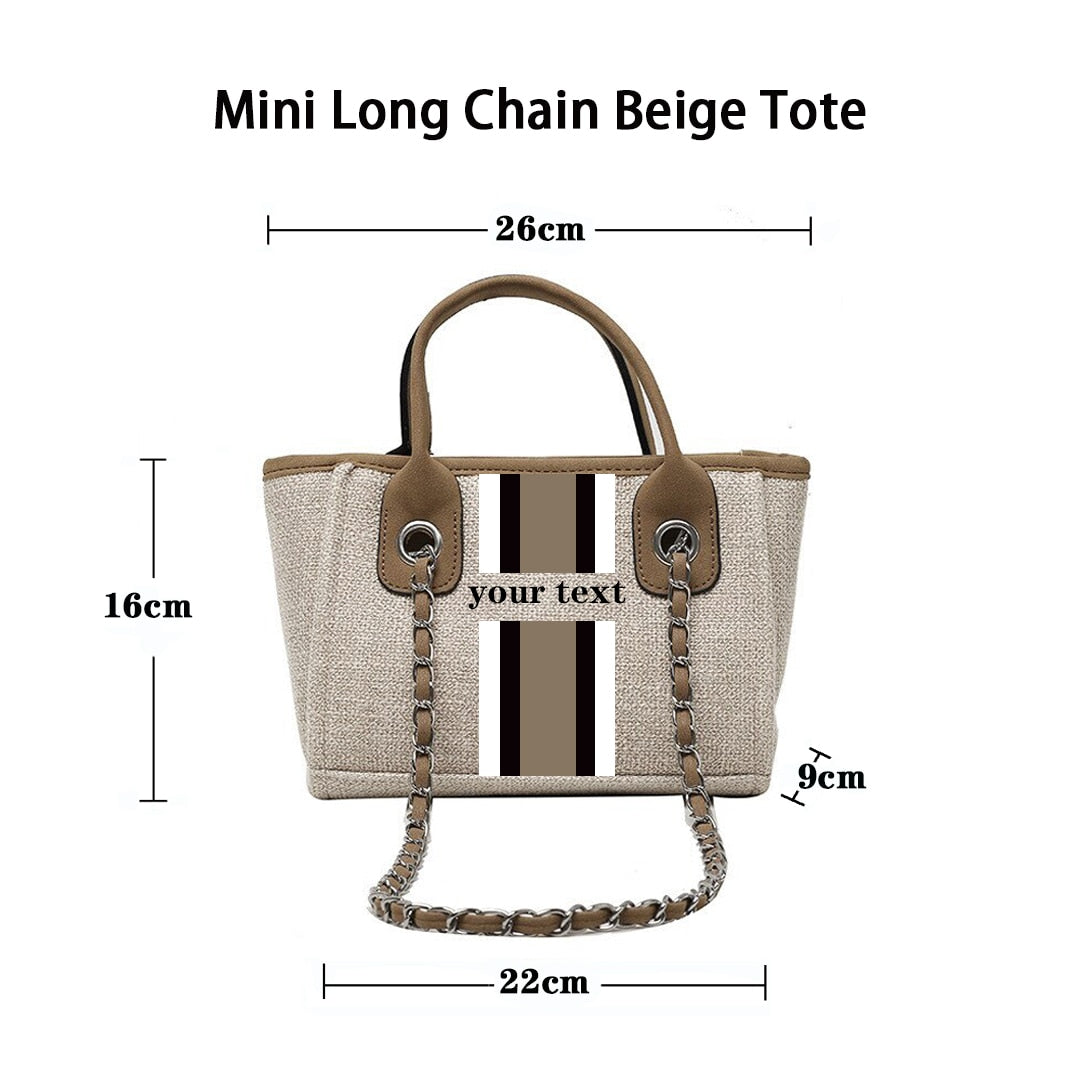 Customised Chain Handbag White Stripe Initials Canvas Tote Bag - Jeglowstore