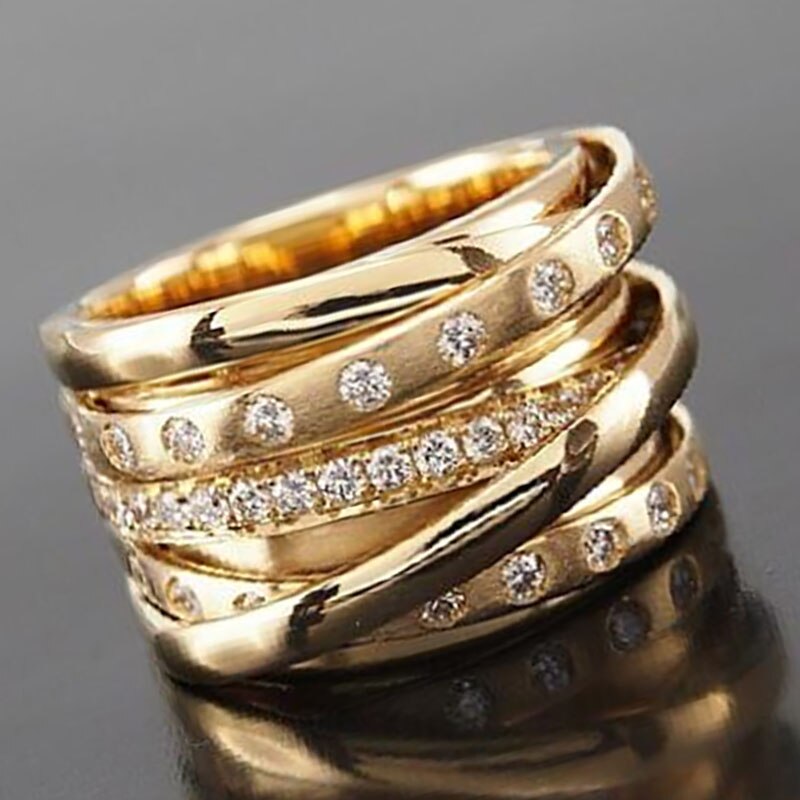 Gold Color Multilayer Winding Inlaid Crystal Rhinestone Zircon Metal Ring
