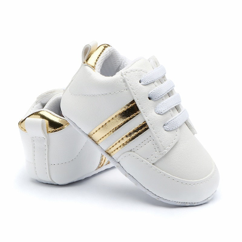 Baby Shoes Newborn Boys Sneaker Girls Two Striped First Walkers Kids Toddlers Lace Up PU Leather Soft Soles Sneakers 0-18 Months - Jeglowstore
