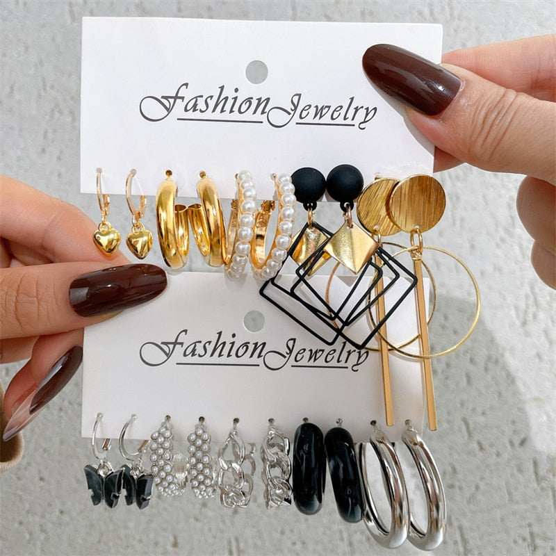 17KM Vintage Geometric Gold Plated Metal Earrings Set