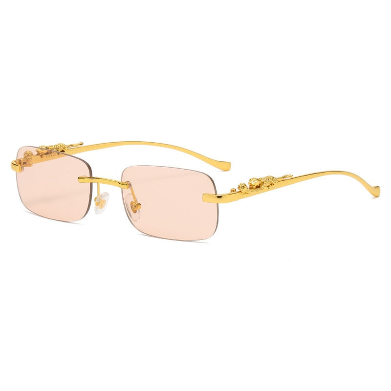 New Rimless Rectangle Vintage Metal Leopard Head Sunglasses