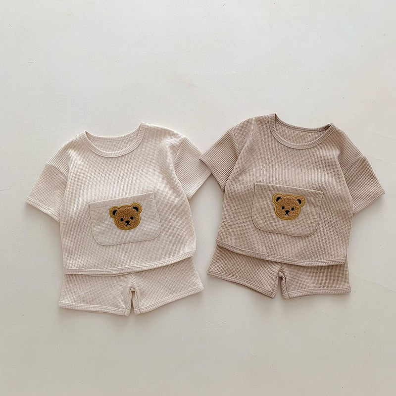 MILANCEL 2023 Summer Baby Clothing Set Waffle Bear Tee and Shorts 2 Pcs Suits Baby Girls Clothes Set