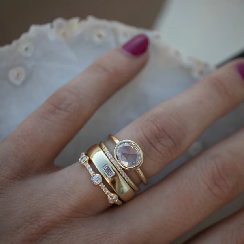 4 pcs/set Geometric Gold Color Combination Round Zircon Crystal Ring