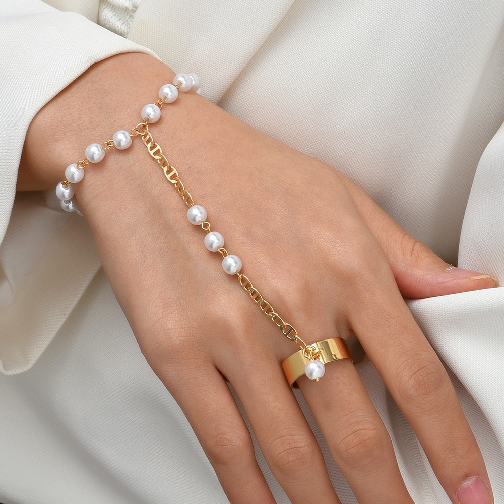 Simple Link Connected Gold plated Wide Finger Ring Bracelet