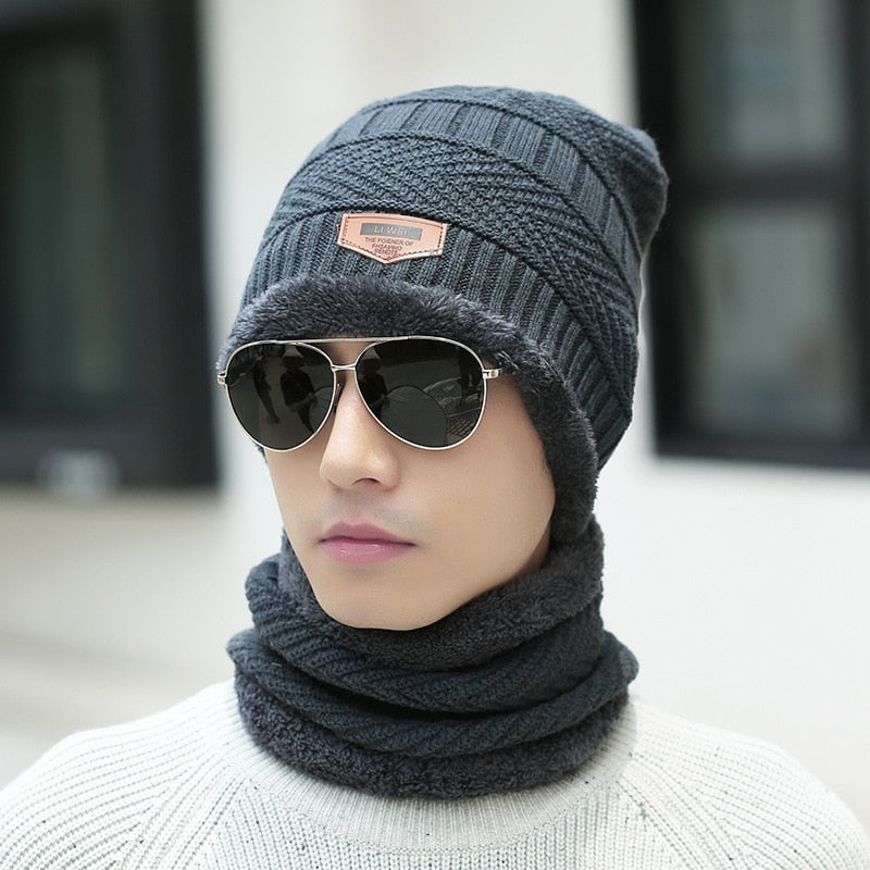 Thick Wool Neck Scarf Cap Balaclava Mask Bonnet Hats Set Unisex