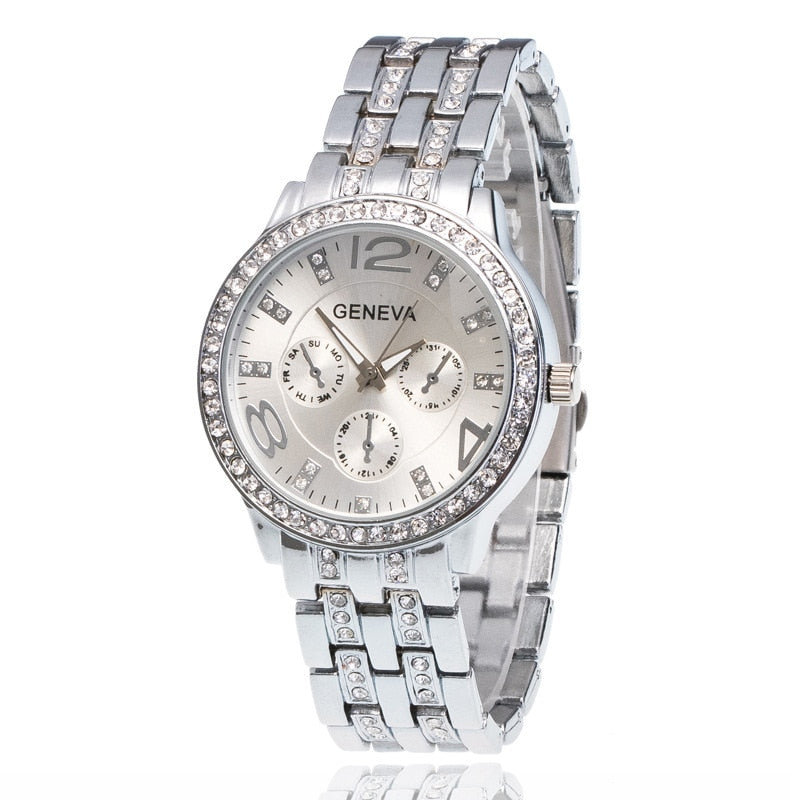 Luxury Geneva Brand Women Gold Stainless Steel Quartz Watch