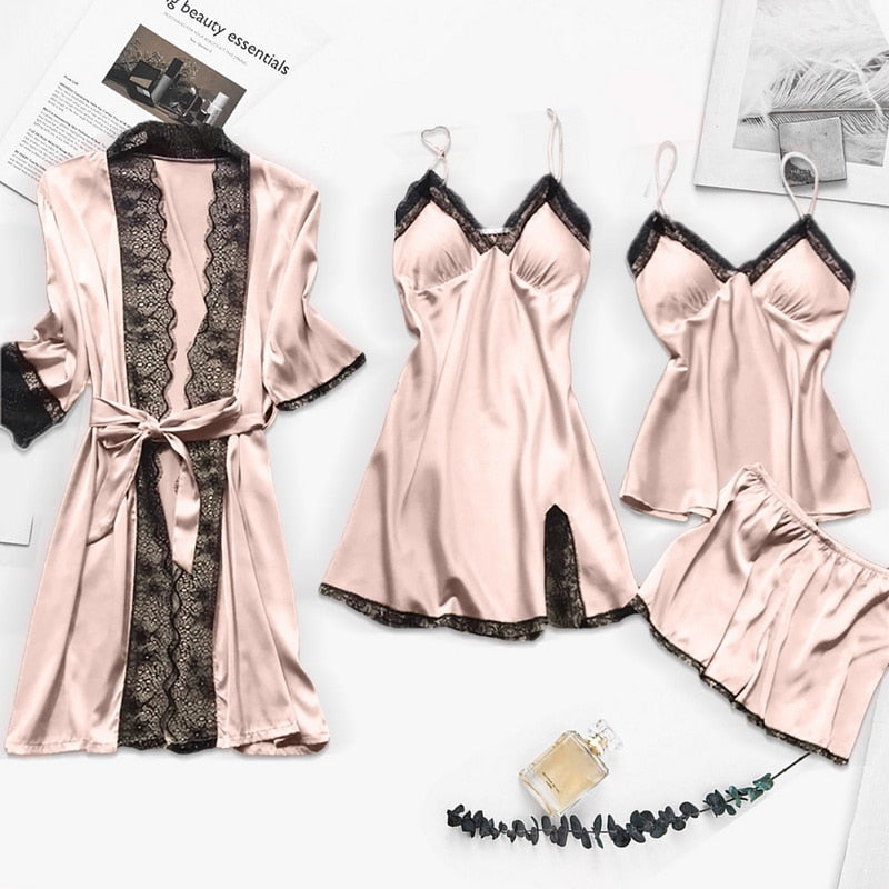 Silk 4-piece Nightwear Ladies Solid Color Strap Lace Pajamas with Chest Pads