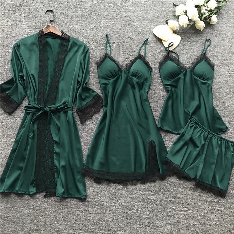 Silk 4-piece Nightwear Ladies Solid Color Strap Lace Pajamas with Chest Pads
