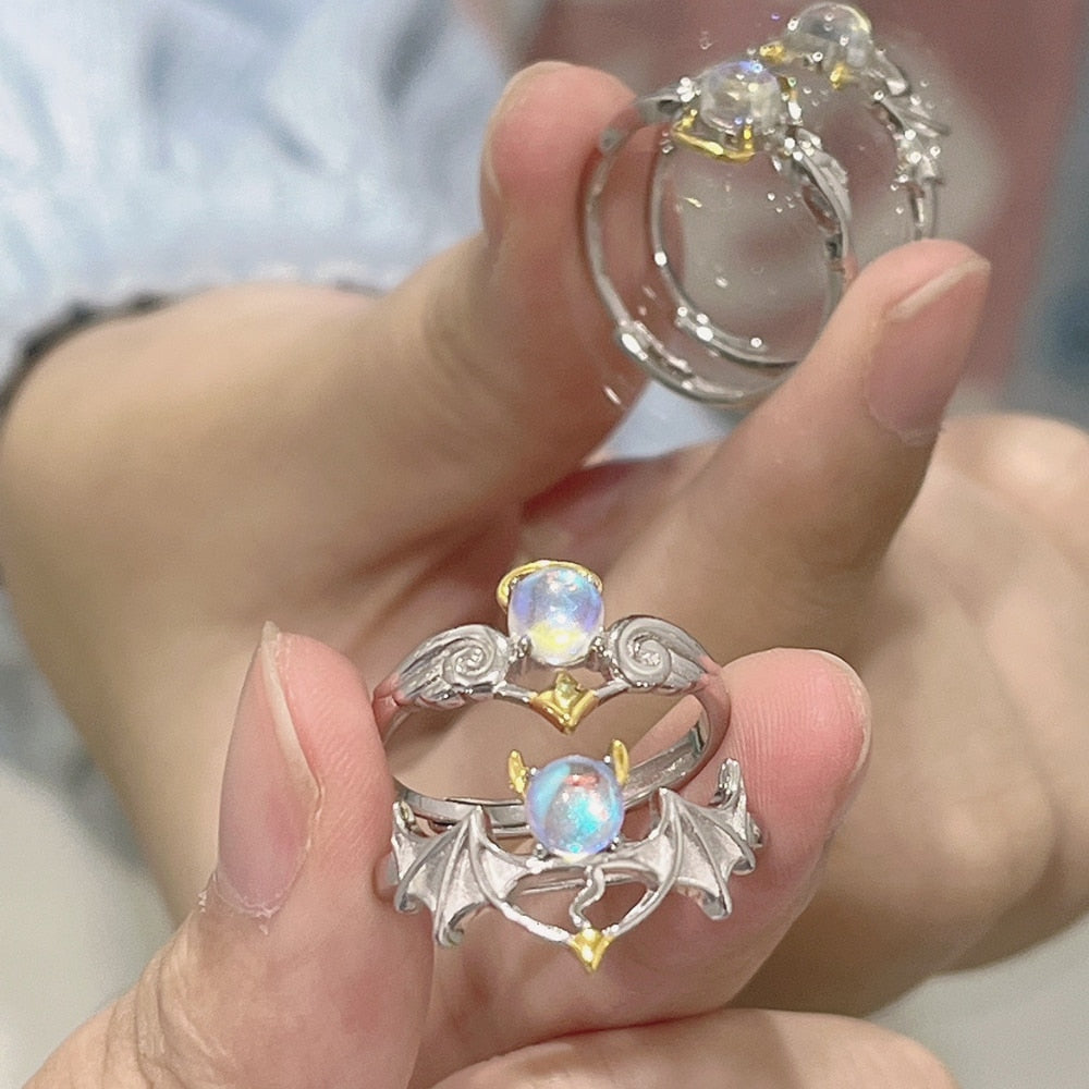 Fashion Angel and Devil Wings Gothic Exquisite Moonstone Adjustable Ring