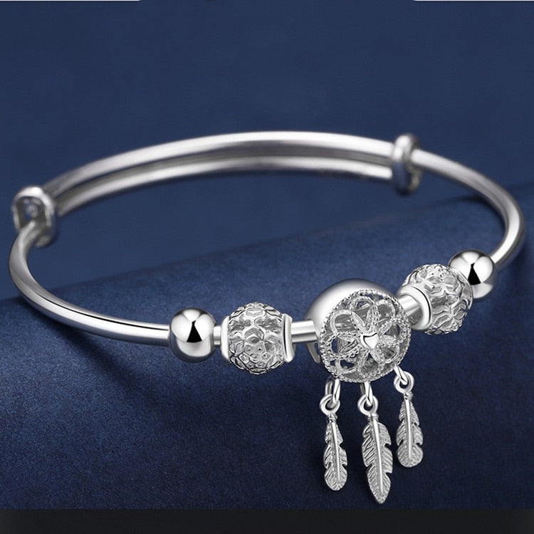 925 Sterling Silver Dreamcatcher Tassel Feather lucky Bead Bracelet