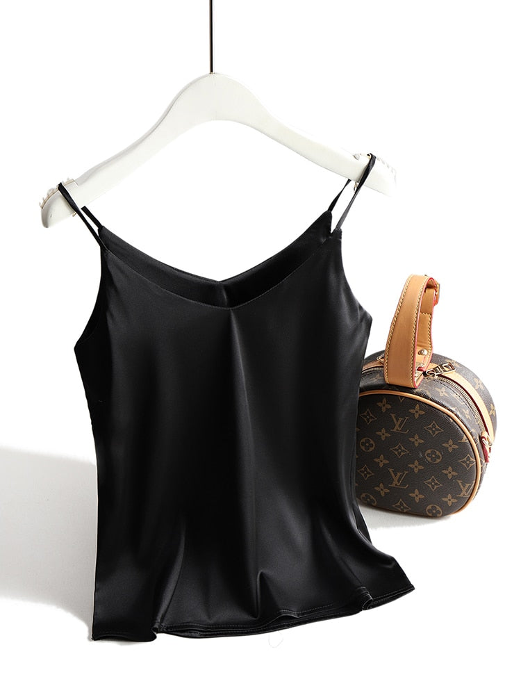 Spaghetti Strap Halter V Neck Sleeveless Satin Silk Tank Top