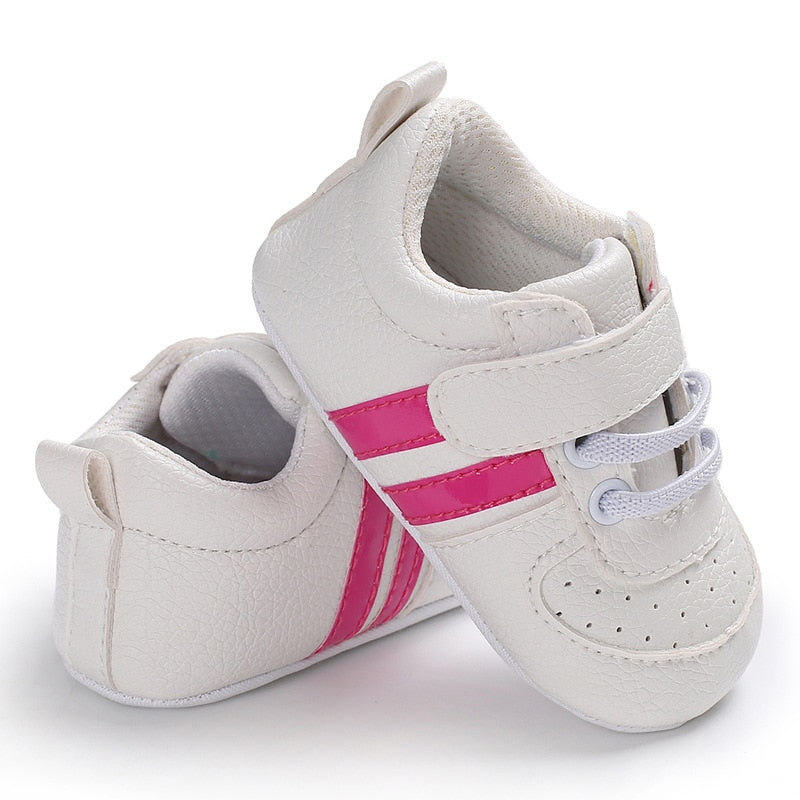 Baby Shoes Newborn Boys Sneaker Girls Two Striped First Walkers Kids Toddlers Lace Up PU Leather Soft Soles Sneakers 0-18 Months - Jeglowstore
