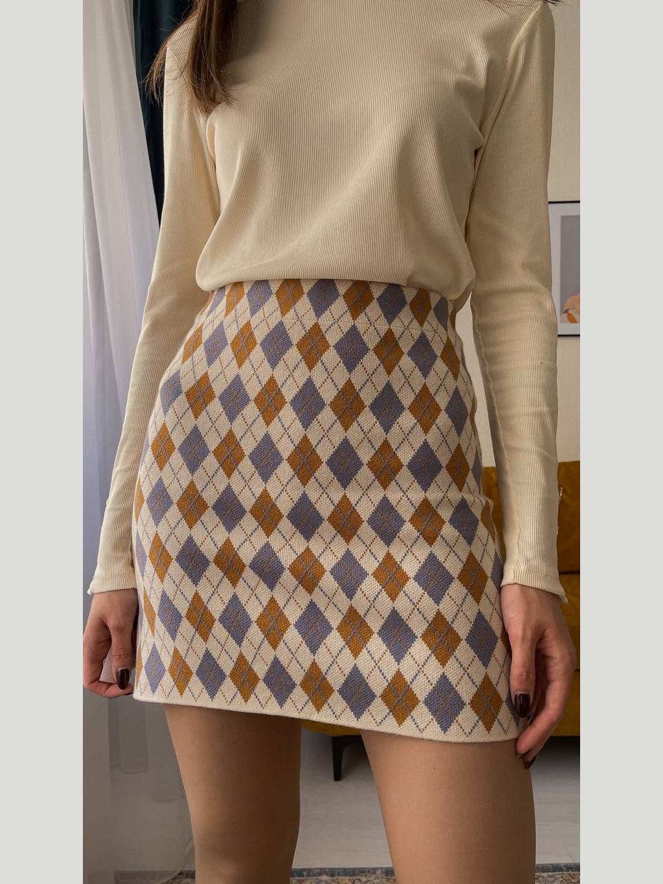 Vintage Rhombus Plaid Knitting High Waist Bodycon One Step Sweater Skirt