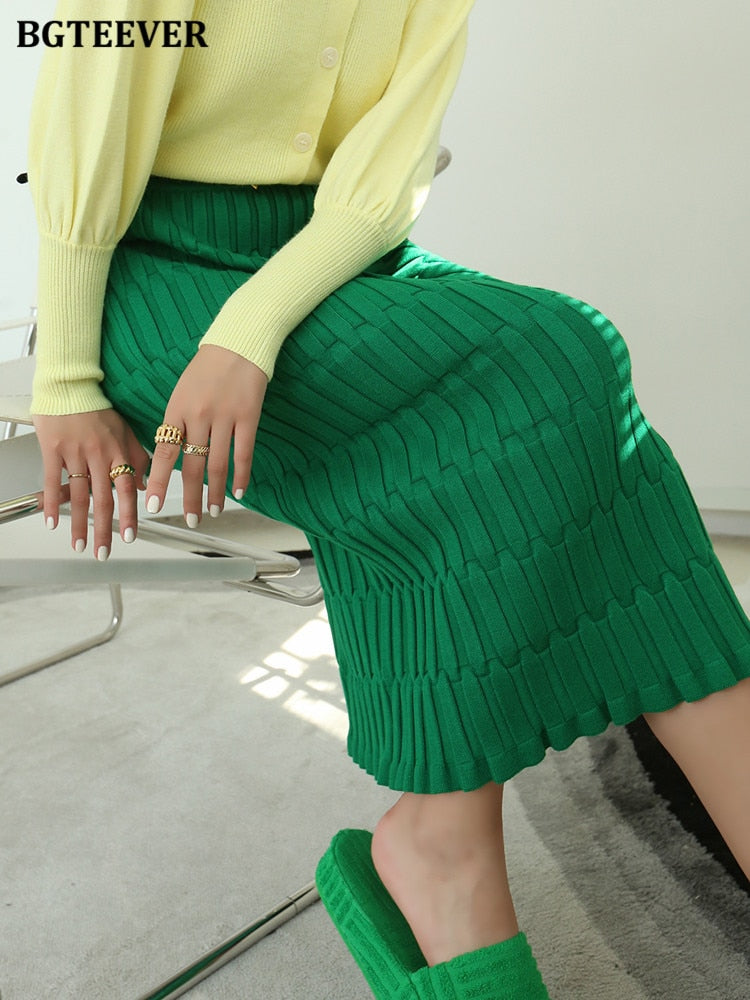 BGTEEVER Elegant High Waist Slim Fit Zipper Mid-Calf  Wrapped Knitted Skirt