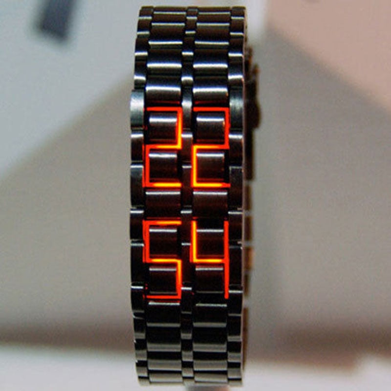 Black Full Metal Digital Lava Wrist Watch Men Red/Blue LED Display