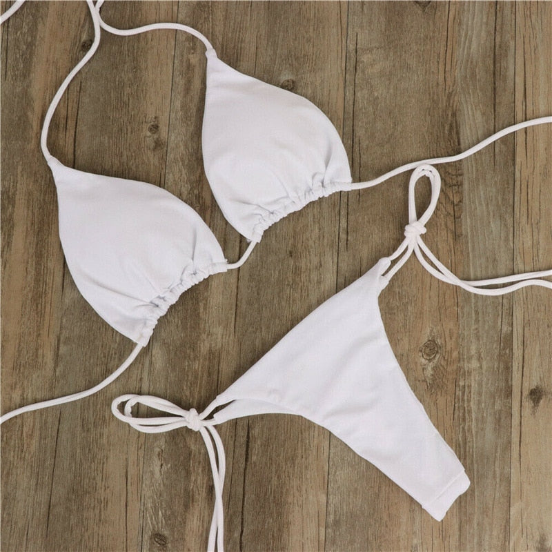 Summer Sexy Solid Color Bikini Sets Women Tie Side G-String Thong Swimsuit