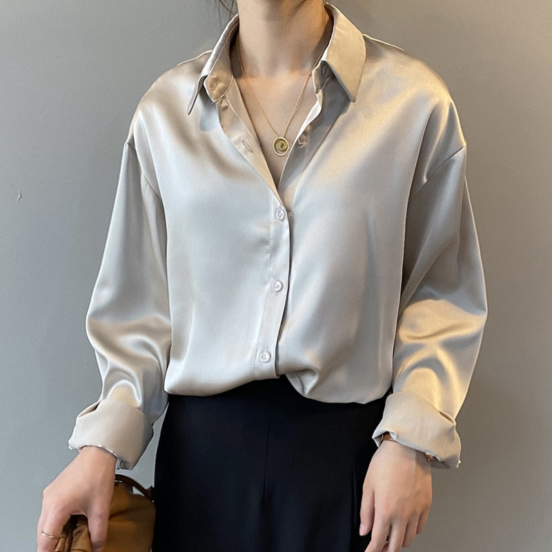 Autumn Fashion Button Up Satin Silk Shirt Vintage Blouse Women - Jeglowstore