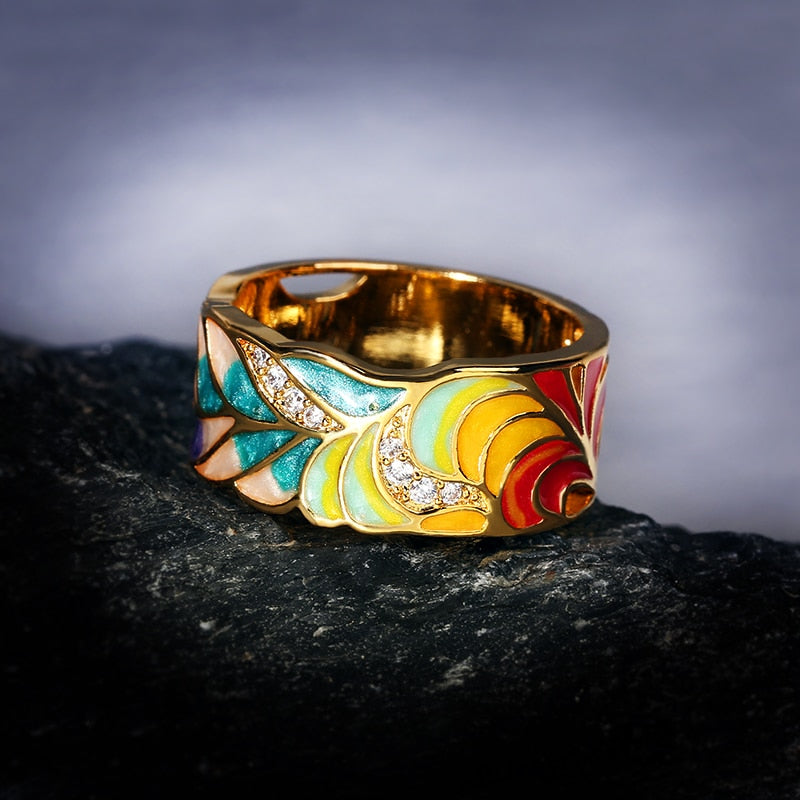 925 Golden Color Feather Zircon Ring