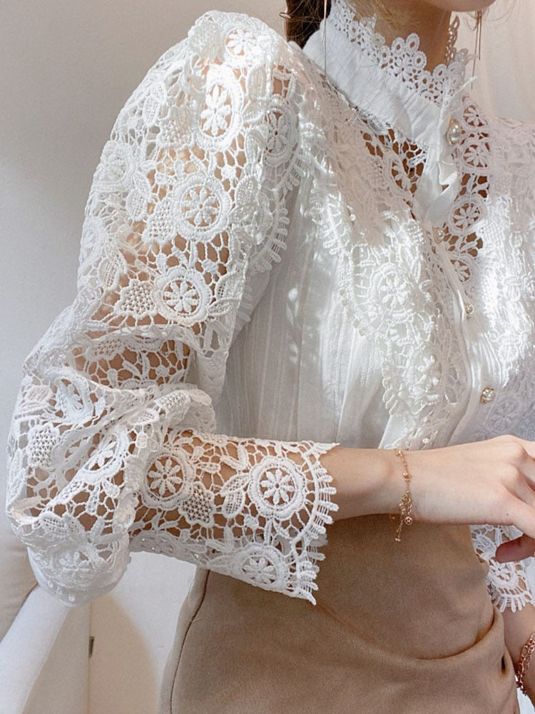 Petal Sleeve Stand Collar Hollow Out Flower Lace Patchwork Shirt