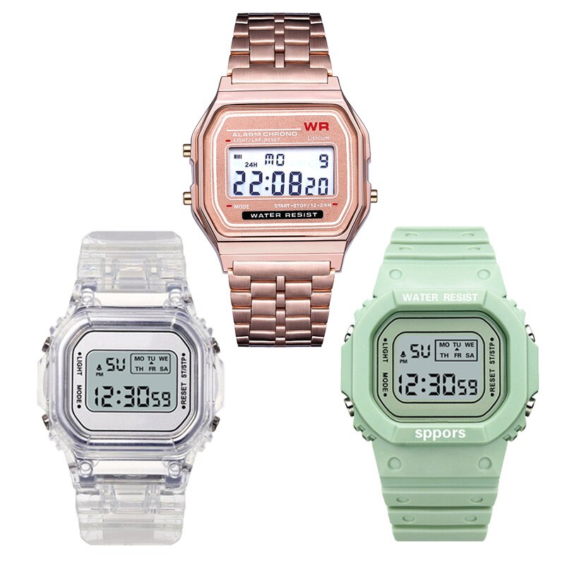 PCV/F91W Steel Strap Watch LED Digital Watch Square Women Watches Vintage Sports Military Watches Electronic Wrist Band Clock