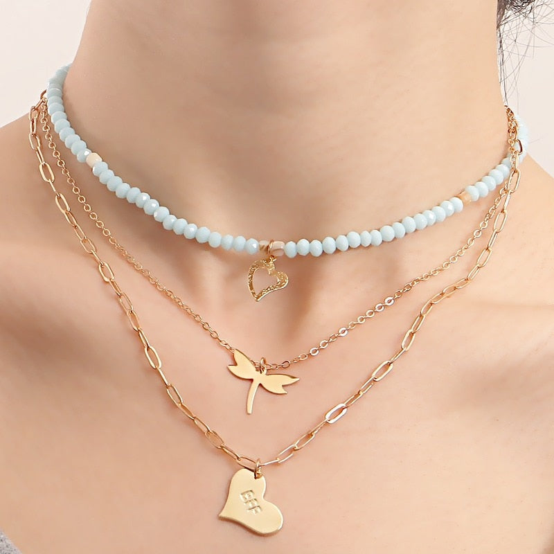 Bohemian Colorful Beads Shell Heart Layered  Necklace For Women