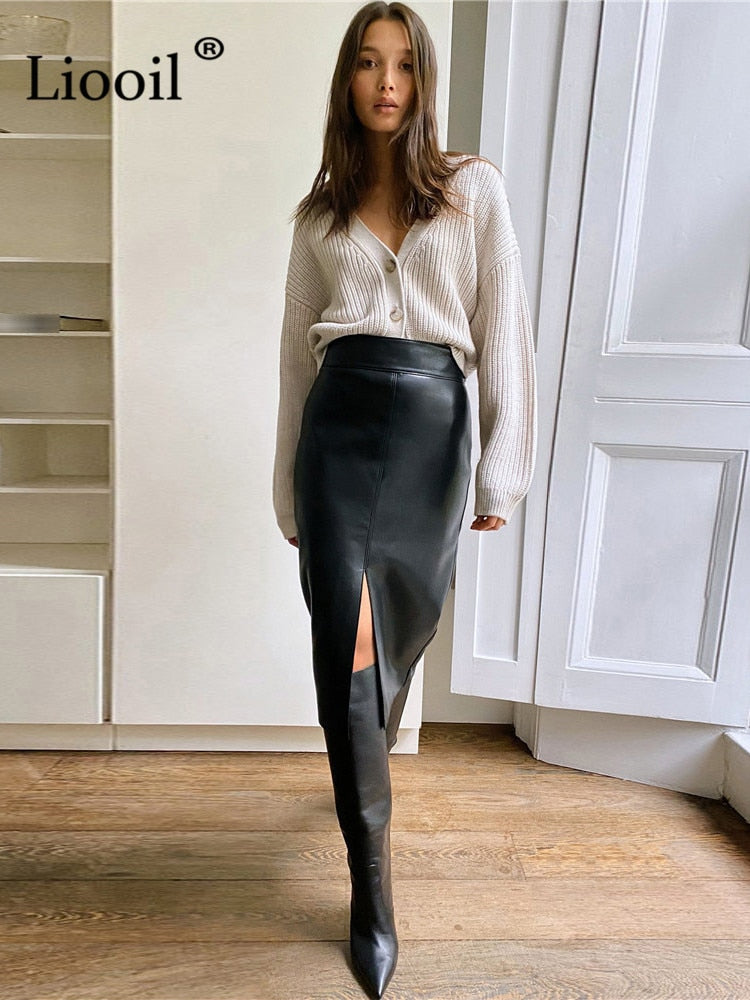 Liooil Women Faux Leather Slit Pencil Office Skirt - Jeglowstore