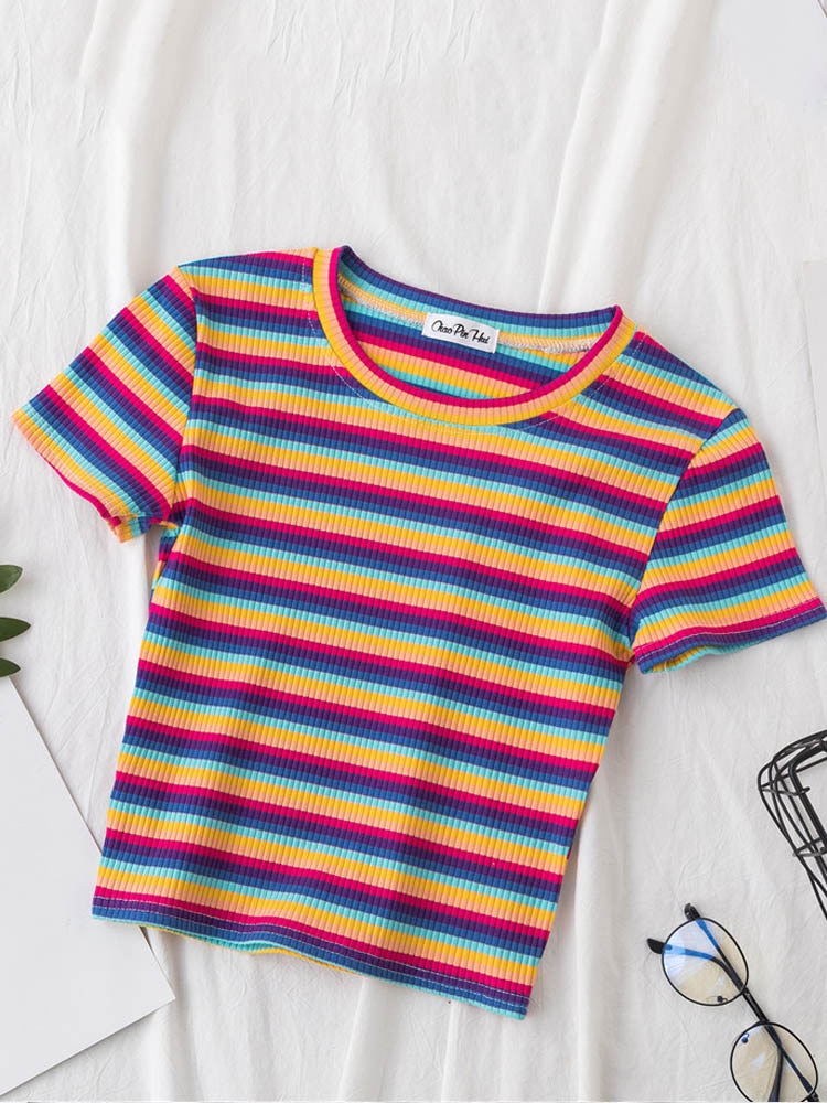 Nuwe T-hemp Vroue-reënbooggestreepte tops Slim Fit T-hemp